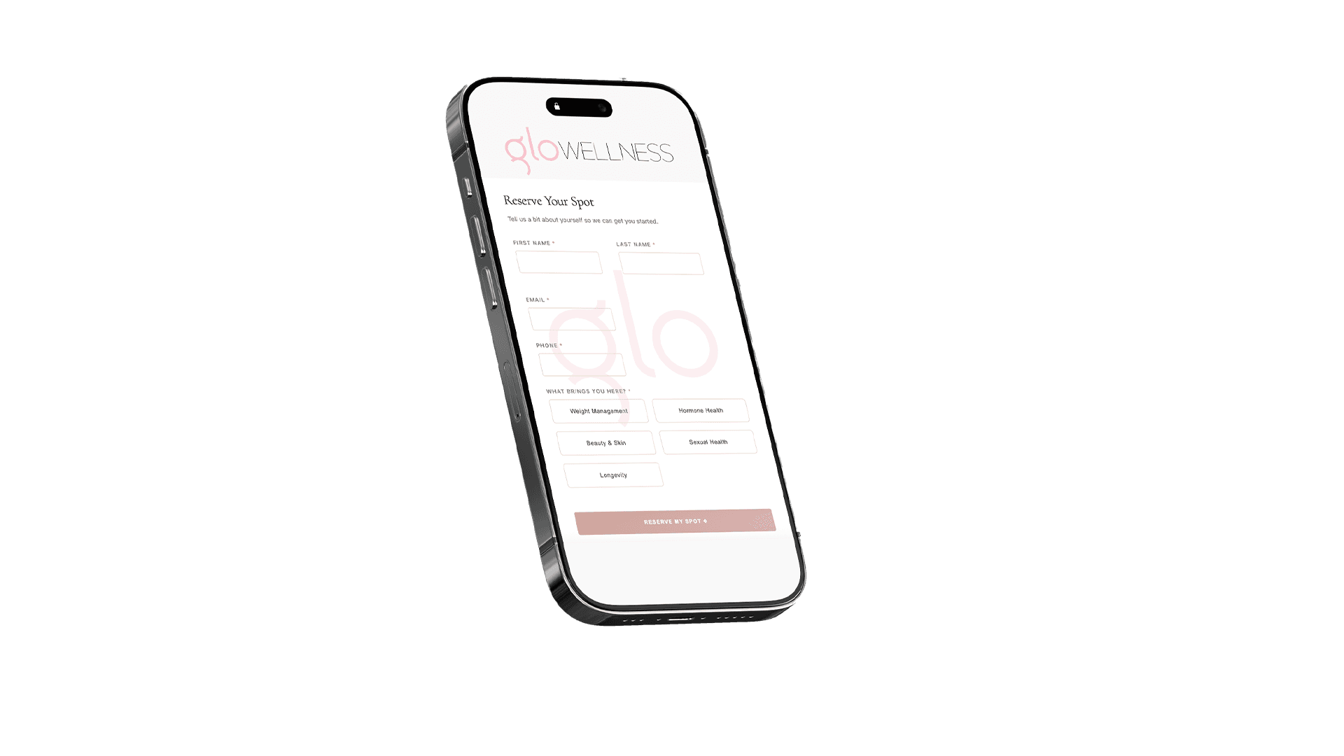 GloWellness waitlist form mockup