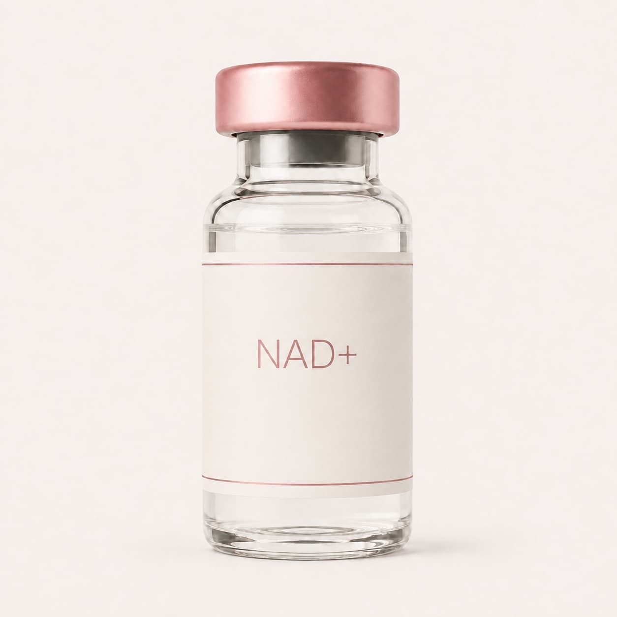 A GloWellness NAD+ vial with a rose-gold cap, shown upright.
