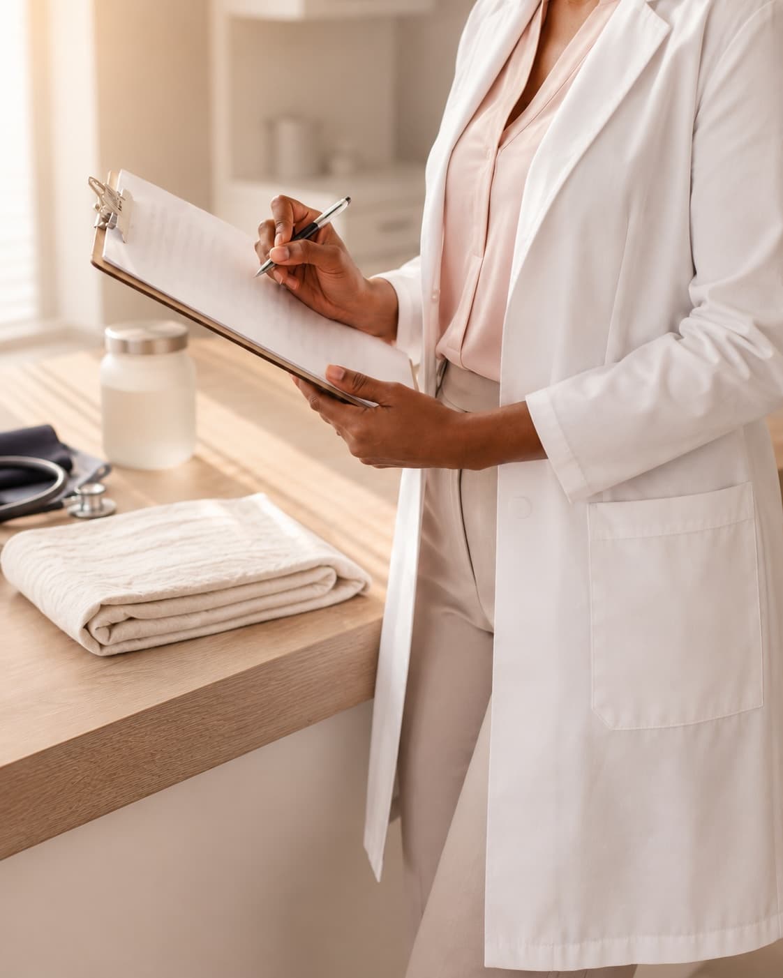 A clinician in a white coat writing on a clipboard in a bright treatment room.