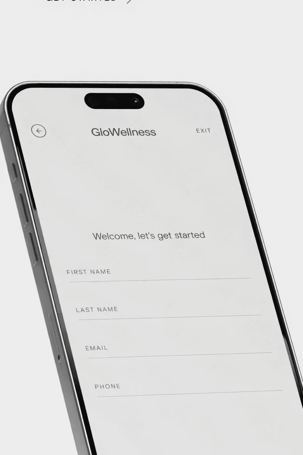 A smartphone showing the GloWellness intake form's welcome screen, with fields for first name, last name, email, and phone.