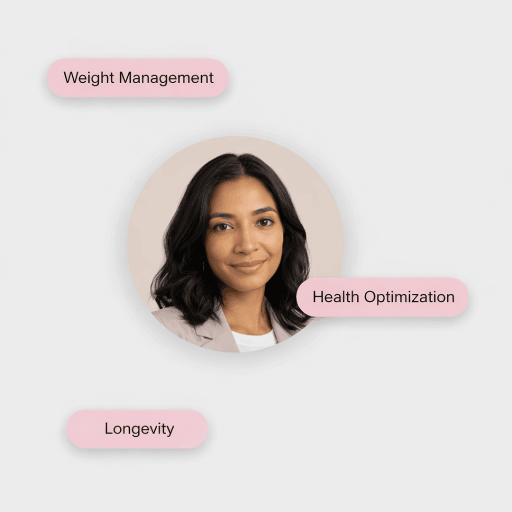 A smiling woman surrounded by pill-shaped labels reading Weight Management, Health Optimization, and Longevity.