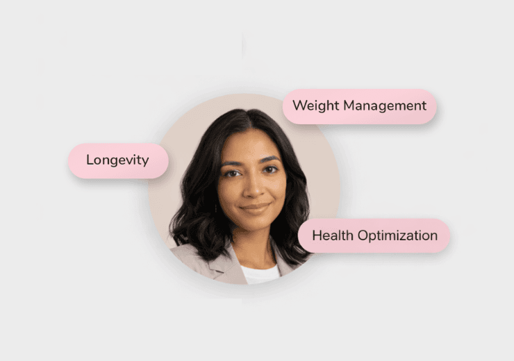 Woman with floating wellness goal pills — personalized protocol