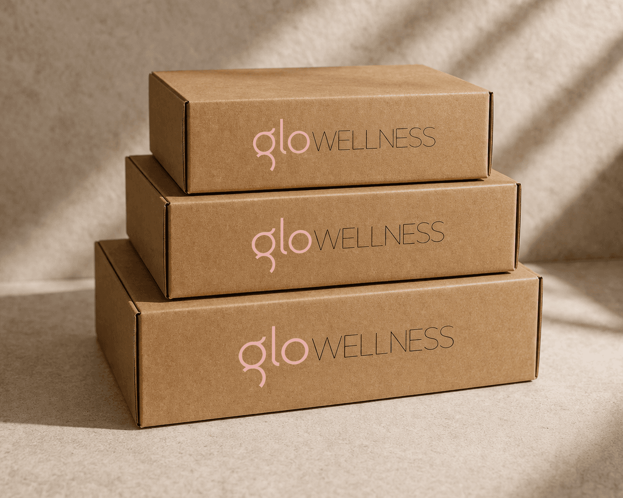 Three stacked GloWellness kraft shipping boxes in warm light.